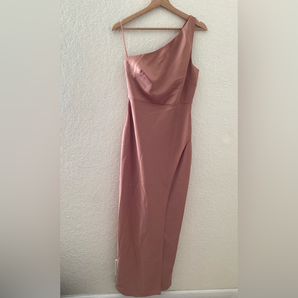 BHLDN Dylan One-Shoulder Satin Side-Slit Gown in Sedona Dusty Pink Anthropologie